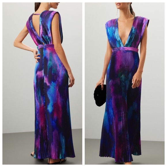 L'IDÉE Printed Gala Blue tie-dye satin Gown-Pre-Owned- Size 6 & 8